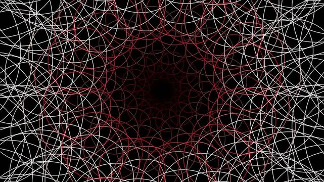 Abstract geometric pattern with overlapping circular lines in red and white