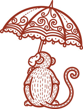 Monkey with ornamental umbrella icon vintage style illustration for children's books and graphic design