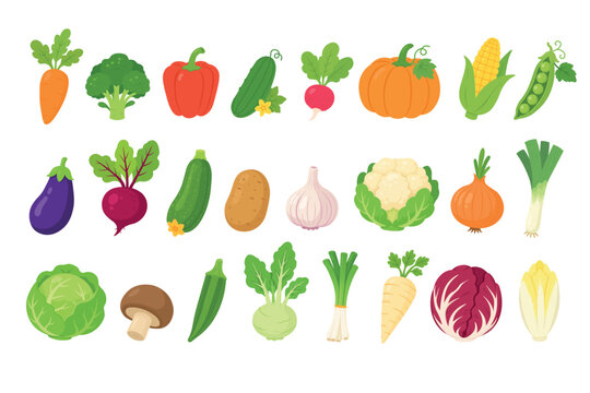 Cute flat vegetable collection, isolated clipart set for healthy food and garden design.