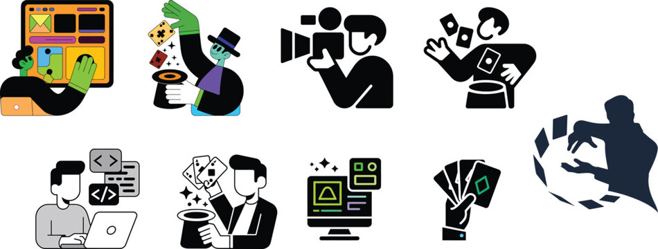 Flat design illustration set of magicians and computer programmers performing tricks  web design coding and magic show concepts