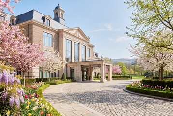 Obraz premium Timeless garden hotel entrance with arrival canopy for hotel marketing