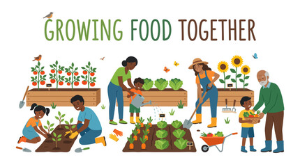 Fototapeta premium Flat vector illustration of children and families gardening together, cultivating fresh produce and enjoying nature