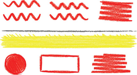 Fototapeta premium Collection of vibrant hand drawn marker strokes and highlighter brush strokes in blue red and yellow colors for graphic design