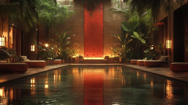 Luxurious Indoor Swimming Pool with Lush Greenery and Ambient Lighting
