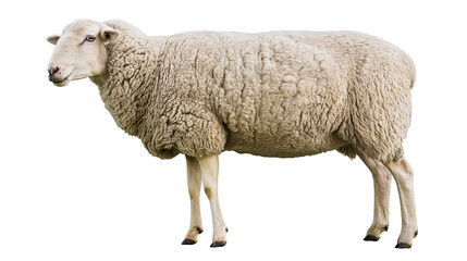 Fototapeta premium White sheep with thick wool standing profile view