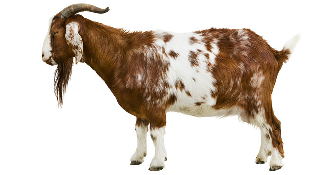 Brown and white spotted goat with horns and beard