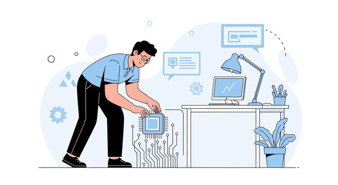 Man installing CPU on motherboard with circuit lines, computer desk, and abstract shapes in modern flat design.