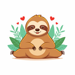 Obraz premium Cute Cartoon Sloth with Hearts and Leaves