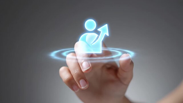 Finger Tapping Glowing Blue Person Icon with Arrow on Gray Background Conceptual Digital Business Skill Development Professional Advancement