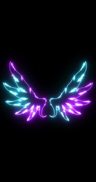 Vertical Neon Angel Wings with Blue and Purple Glow on Dark Background &ndash; Fantasy Light Illustration 4k.