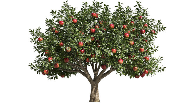 Mature apple tree with red fruits and green leaves