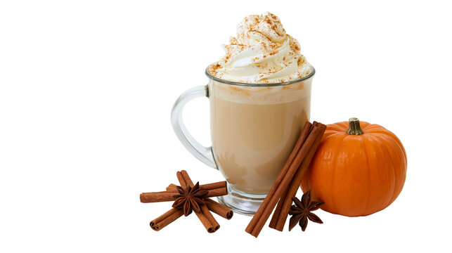 Pumpkin spice latte with whipped cream cinnamon sticks star anise, and small pumpkin