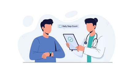 Fototapeta premium Doctor Consults Patient About Daily Step Count on Digital Tablet, Health Monitoring Concept