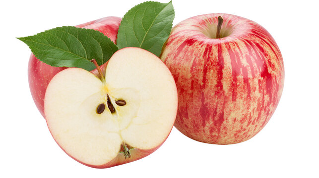 Red striped apples with green leaves, one apple cut in half showing seeds