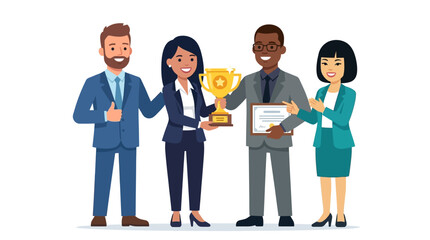 Obraz premium Diverse business team celebrating award win with trophy and certificate