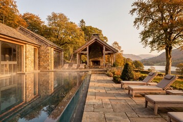Fototapeta premium Serene garden pool deck with spa resort mood for upscale event promotion