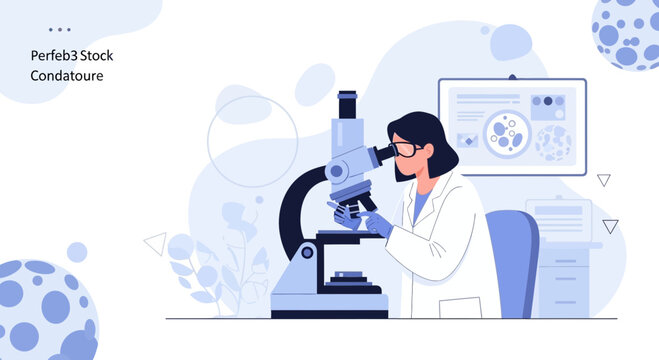 Scientist in Lab Coat Using Microscope, Conducting Research with Cells and Data on Screen