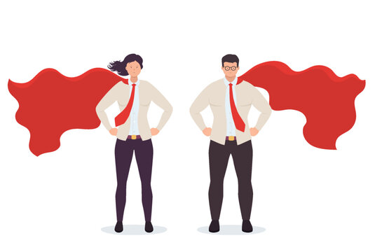 Man and woman in office attire with a red superhero cape. Confident businessman. Concept of leadership, career growth, and goal achievement strategy.