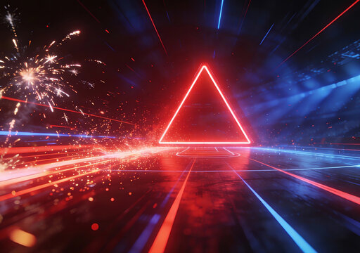 빨강과 파랑 빛 터널 속 빛나는 네온 삼각형 &middot; Glowing Neon Triangle in Red and Blue Light Tunnel