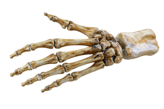 Anatomical skeletal hand showing detailed wrist, metacarpal and finger bones in a realistic side profile isolated on transparent background
