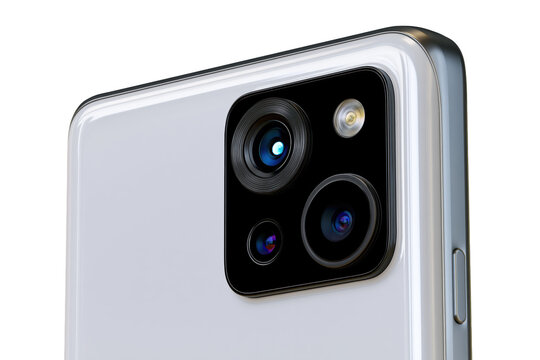 Silver mobile device with prominent black rear camera block and minimalist contemporary body isolated on transparent background
