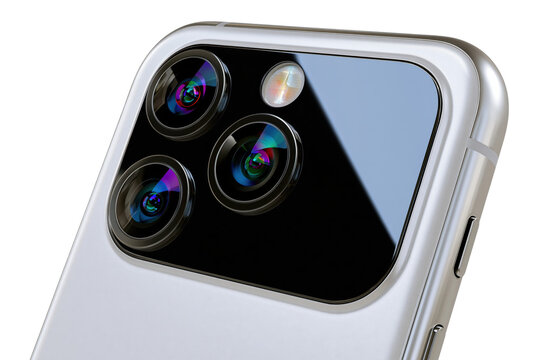 Modern silver smartphone shown from the rear with a large black camera module and sleek premium design isolated on transparent background
