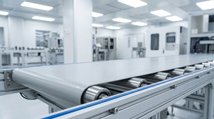 Obraz premium A conveyor belt runs on a factory floor beside large white machines.