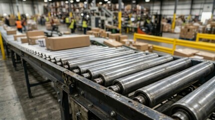 Fototapeta premium Conveyor rollers in a busy warehouse as workers move boxes.