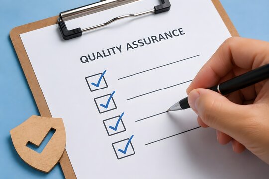 A person's hand is marking a checklist on a clipboard labeled QUALITY ASSURANCE with a pen.