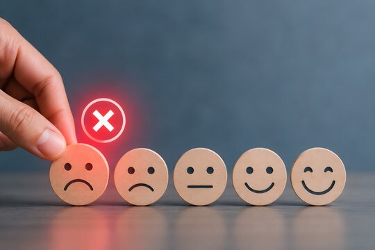A hand holding a wooden emoji with a sad face and a red cross for the concept of customer feedback and dissatisfaction.