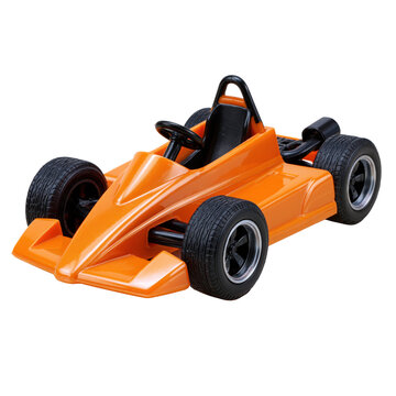 Small orange open wheel race car with black tires shown in side view as a toy vehicle isolated on transparent background
