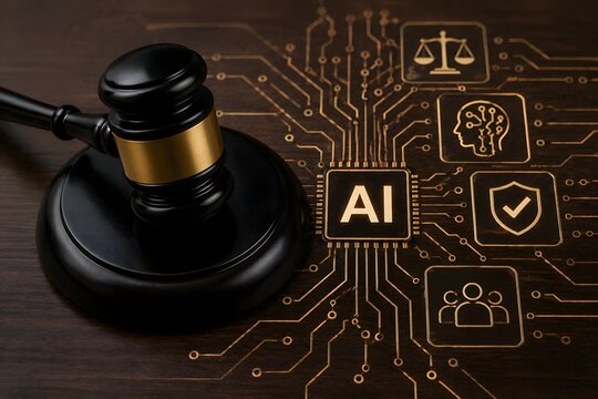 AI law and technology with gavel and icons symbolizing justice and security.