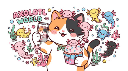 Fototapeta premium Cute Cat with Axolotls and Cupcake