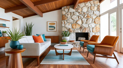 Obraz premium Mid century modern living room interior with a stone fireplace and colorful furniture