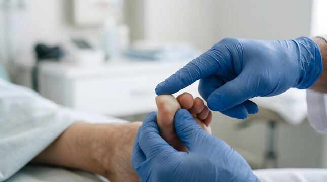 Physician performing a capillary refill time test on a patient's foot