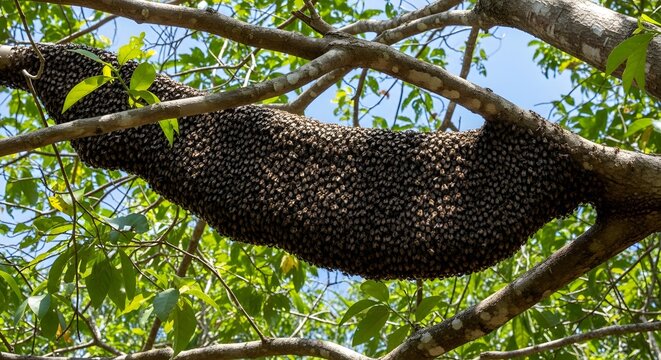 A large, elongated swarm of honey bees clinging to a thick tree branch amidst green foliage under a clear sky, showcasing natural wildlife.