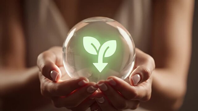 Female Hands Holding a Crystal Ball with a Green Plant Icon in Studio Light on a Dark Background Symbolizing Growth and Sustainability Concept