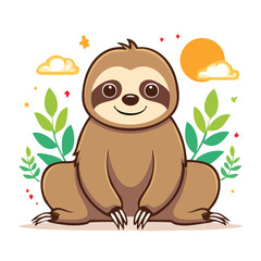Obraz premium Cute cartoon sloth sitting with leaves and sun