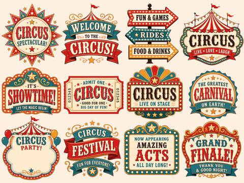 Vintage circus and carnival themed signs and labels collection.