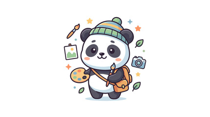 Fototapeta premium Cute Panda Artist with Backpack and Camera
