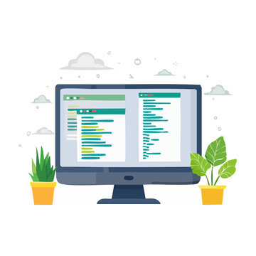 Flat design computer screen displaying code with plants and clouds