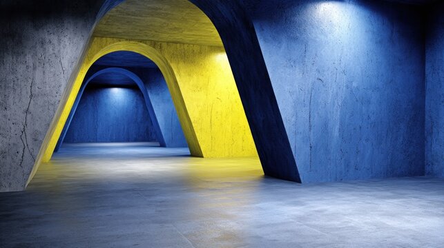 Dramatic architectural interior features curved concrete forms illuminated with contrasting blue and yellow light