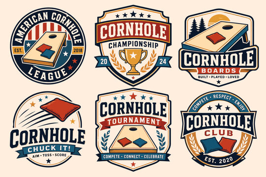 A collection of six vintage-style cornhole game logos and badges, featuring boards, bean bags, and various championship and club themes.