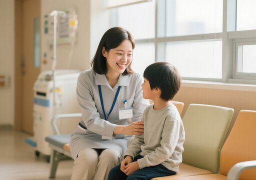 병원 대기실에서 남자아이를 돌보는 간호사 &middot; Nurse Comforting a Young Boy in a Hospital Waiting Room