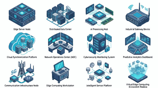 Collection of Isometric Technology Icons Representing Modern Digital Infrastructure.