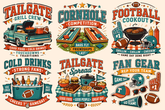 A collection of six vintage-style illustrations depicting various American football tailgating and gameday activities, including grilling, cornhole, food spreads, cold drinks, and fan gear.