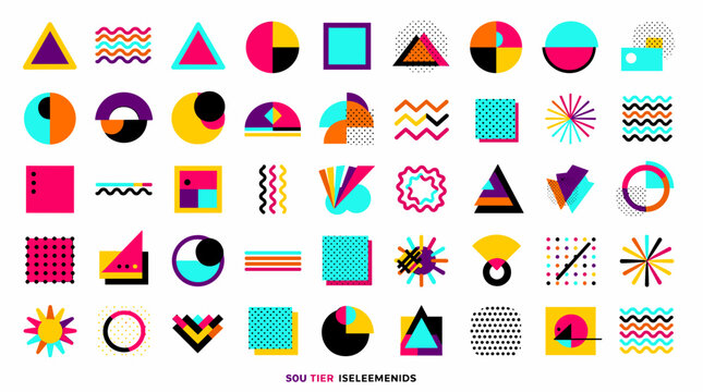 Dynamic Retro Memphis Style Geometric Shape Accents for Bold Pop Culture Textile Printing 1990s Nostalgic Branding Layouts and Vibrant Website Promotional Headers