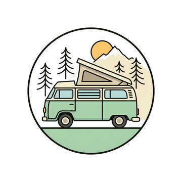 Circular vector emblem sticker of a vintage camper van with an open popup roof tent