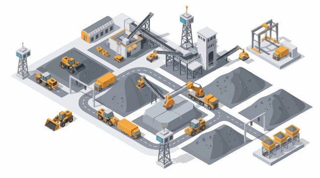 Industrial mining and processing plant with heavy machinery and raw materials.