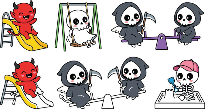 Cute kawaii devil and grim reaper cartoon character collection with funny playground activities and spooky sticker illustrations